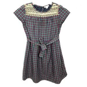J.Crew Crewcuts Girls Plaid Holiday Dress Gold Embroidery Adjustable Belt 10